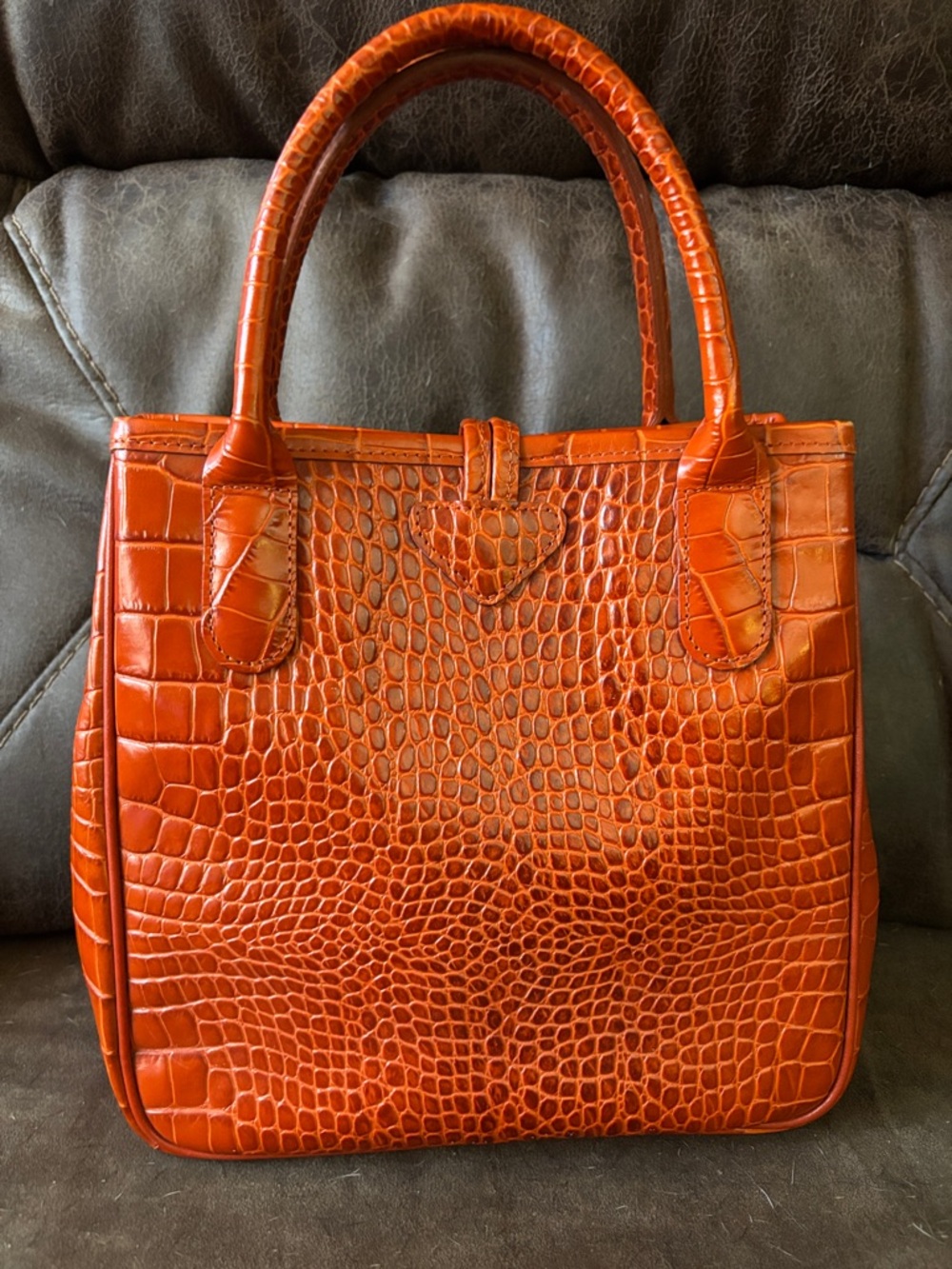 Croc-Embossed Orange Leather Satchel with Polished Hardw - Picture 4 of 10